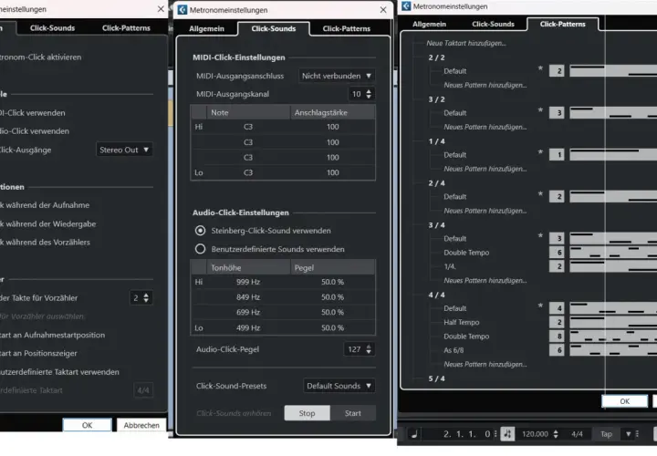Cubase: Metronom-Einstellungen zeigen, dass kein Ton für den Click eingestellt ist. MIDI- und Audio-Click sind aktiviert, aber die Ausgänge sind nicht verbunden.