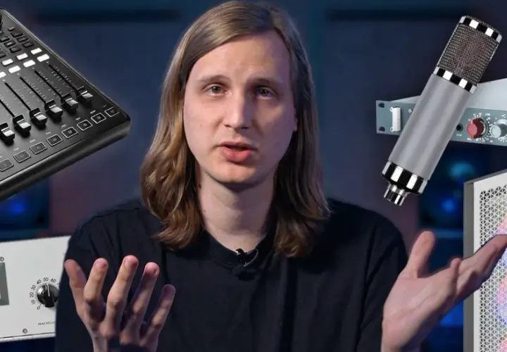 Mann erklärt Audio-Equipment: Mischpult, Mikrofon, Kompressor, PC. Mono vs Stereo im Fokus.