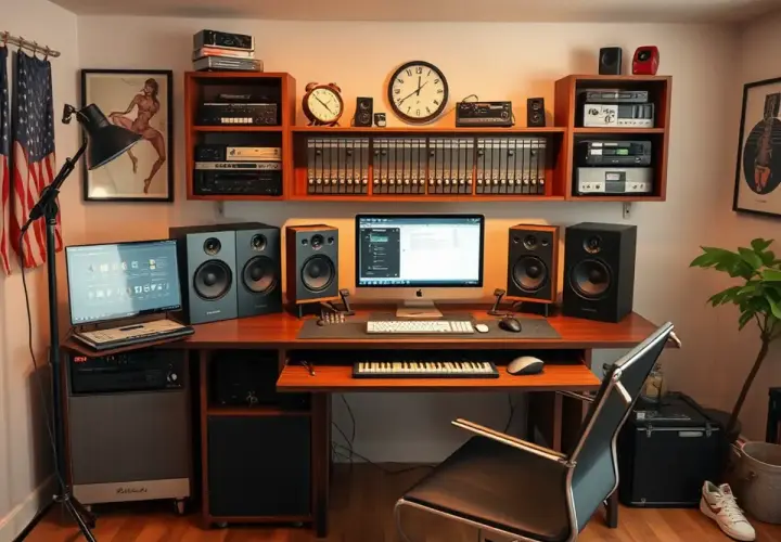 Ein Musikstudio mit Computern, Lautsprechern und einem Keyboard. Hier entstehen Meisterwerke im **aiff format**.