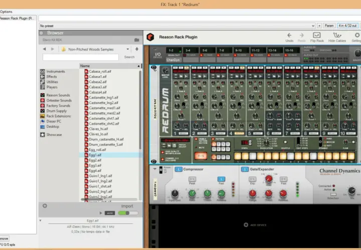 Ein Bildschirmfoto der Musikproduktionssoftware von propellerhead software, die das Redrum-Instrument und verschiedene Effekte zeigt.