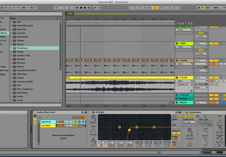 Ableton Live: Kompressor-Einstellungen mit Sidechain-Optionen und EQ-Kurve für den Pad-Sound.