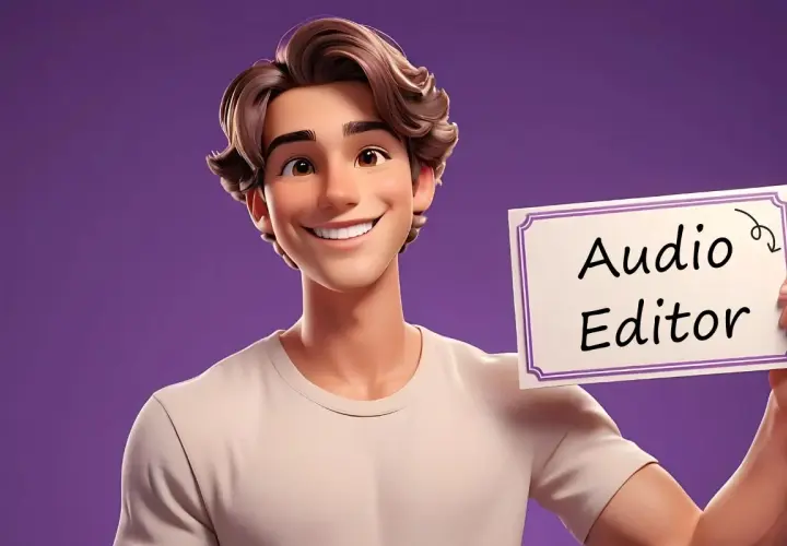 Ein lächelnder Mann hält ein Schild mit der Aufschrift "Audio Editor". Er ist ein kreativer video sound editor.