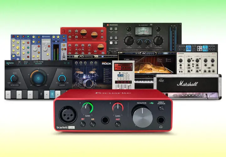 Hitmaker-Expansion: Eine Sammlung von Musikproduktions-Tools, darunter Audio-Interfaces, Plugins und virtuelle Instrumente, für den perfekten Sound.