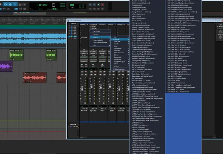 Pro Tools-Fenster mit einer Liste von aax plugin-Optionen, darunter UAD-Effekte und Kompressoren.
