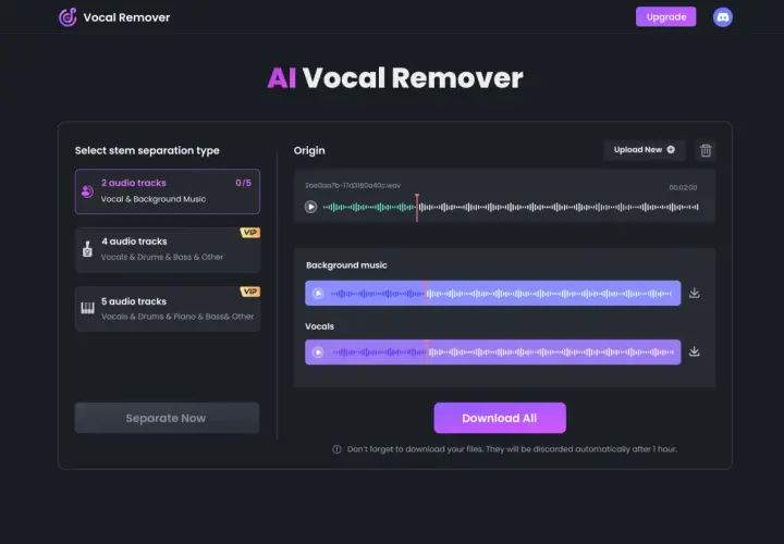 KI-gestützter **acapella extractor** trennt Gesang von Musik. Zeigt Wellenformen für Hintergrundmusik und Gesang.