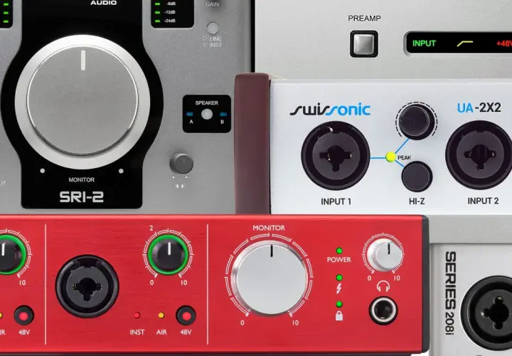 Verschiedene Audio-Interfaces im Detail: Was ist das? Hier siehst du Anschlüsse, Regler und Anzeigen für professionelle Audioaufnahmen.