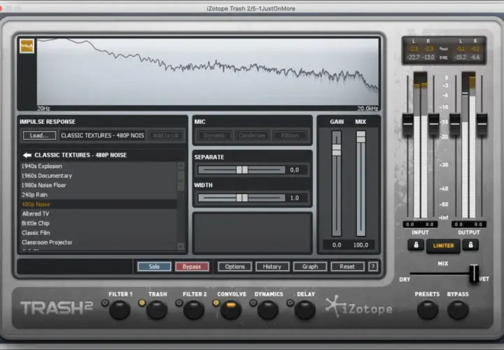iZotope Trash 2: Ein Audio-Plugin mit Frequenzanalyse, Impulsantworten wie "480p Noise" und Reglern für Mikrofon, Gain und Mix.