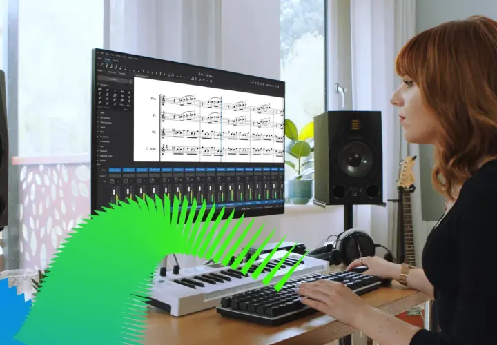 Frau komponiert Musik mit MuseScore online. Notenblatt, MIDI-Keyboard und Lautsprecher sind zu sehen.