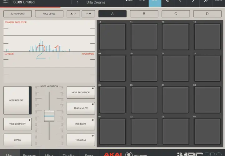 Akai Professional MPC mit 16 Pads, Wellenform-Display und Steuerelementen für Musikproduktion.
