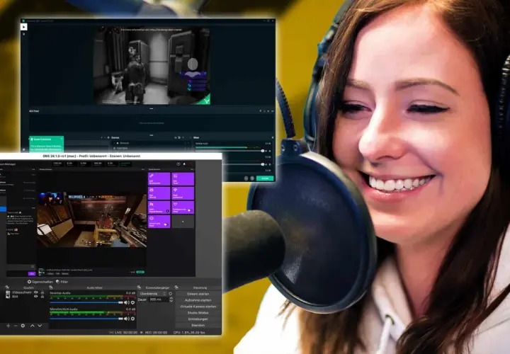 Eine Streamerin mit Kopfhörern lacht vor einem Mikrofon. Im Hintergrund sind OBS-Fenster zu sehen, die das Setup für einen Stream zeigen, inklusive Audio-Mixer mit Mikrofon/AUX-Audio.