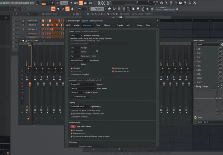 FL Studio Einstellungen: Sprache auf Deutsch umstellen, um das Update zu erleichtern.