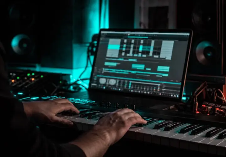 Hände spielen auf einem Keyboard, während auf dem Laptop eine Musikproduktionssoftware läuft, eine tolle fruity loops alternative.