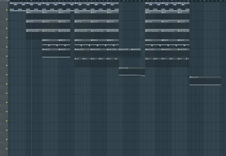Ein Musikproduktionsprogramm zeigt Spuren mit Schlagzeug-Samples wie Kick, Snare und Hi-Hat. Dies ist eine visuelle Darstellung, wie ein MIDI-File aufgebaut ist.