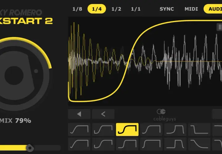 Nicky Romero Kickstart 2 vst plugin: Wellenform-Anzeige, Mix-Regler und Auswahl von Hüllkurvenformen.