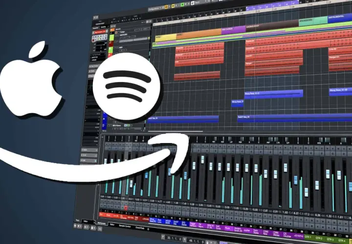 Apple, Spotify, Amazon Logos über einer Musikproduktionssoftware, die für best mastering plugins steht.