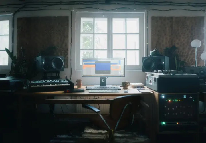 Musikstudio mit Computermonitor, Tastatur, Lautsprechern und Synthesizer. Hier entstehen Klänge mit digitalen und analogen felt instruments.