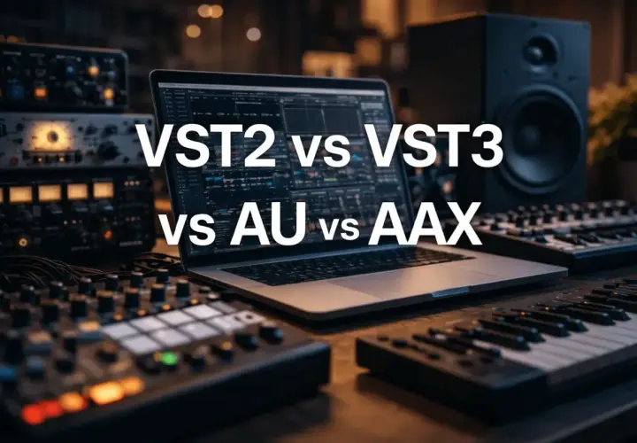 Musikproduktion: VST2 vs VST3, AU vs AAX. Ein Laptop mit DAW, Keyboards und Studio-Equipment.