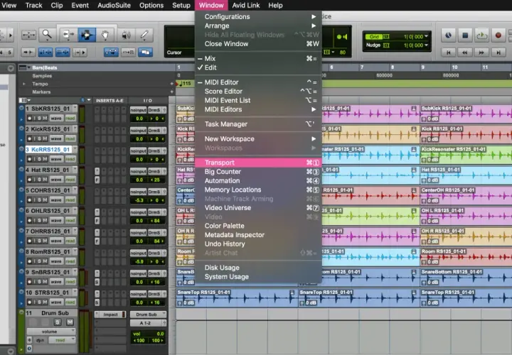 Pro Tools Menü "Window" zeigt "Transport" an, nützlich für pro tools shortcuts.
