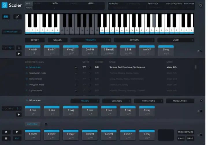 Musiksoftware mit virtueller Klaviatur, Akkorden und Skalen. Der auto key-Assistent hilft bei der Komposition.