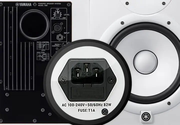 Yamaha HS8: aktive Lautsprecher mit integriertem Verstärker und Anschlüssen. Im Detail: Stromanschluss und Regler für aktive vs. passive Lautsprecher.