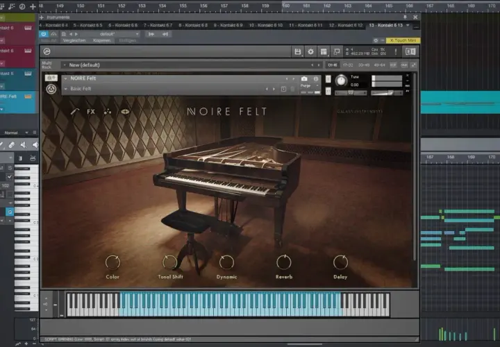 Native Instruments NOIRE Felt: ein virtuelles Klavier-Instrument mit einem Flügel und Reglern für Klang, Dynamik und Effekte.