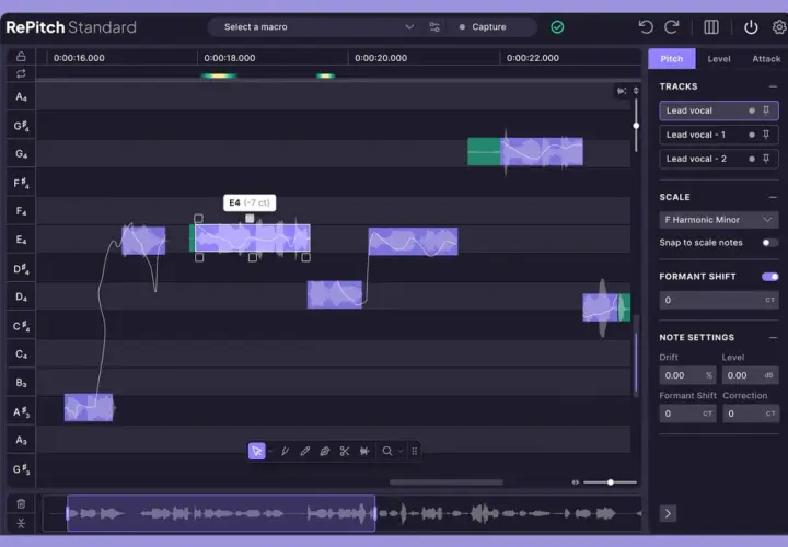 Bearbeitung von Gesangsspuren in RePitch Standard. Die Software ermöglicht präzise Tonhöhenkorrekturen für einen autotune free Sound.