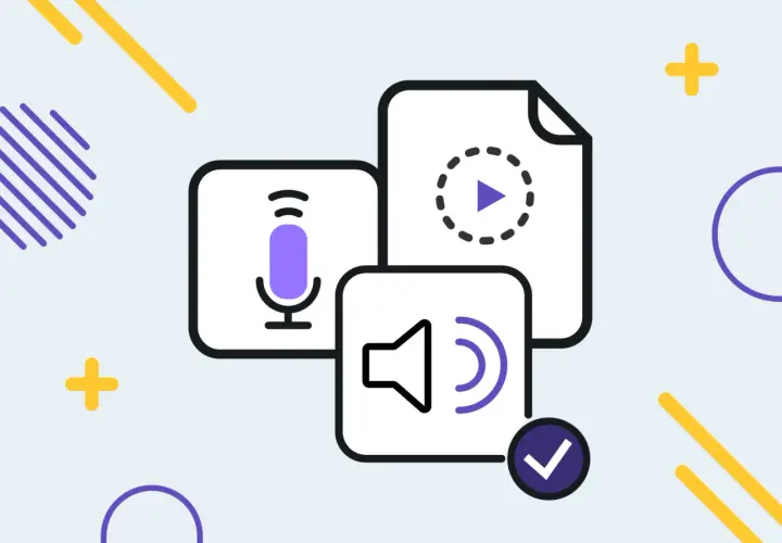 Illustration mit Mikrofon, Lautsprecher und Play-Button. Perfekt für m4a-Dateien und Audio-Uploads.