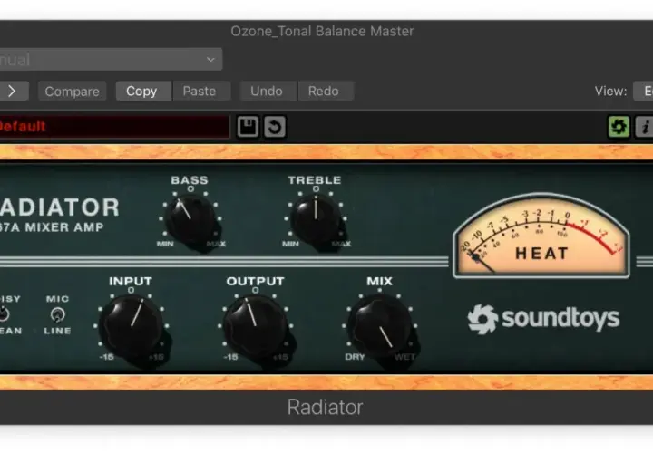 Ein digitales Audio-Plugin mit Reglern für Bass, Treble, Input, Output und Mix. Ein Messgerät zeigt "HEAT" an. Der Name des Plugins ist "Radiator".