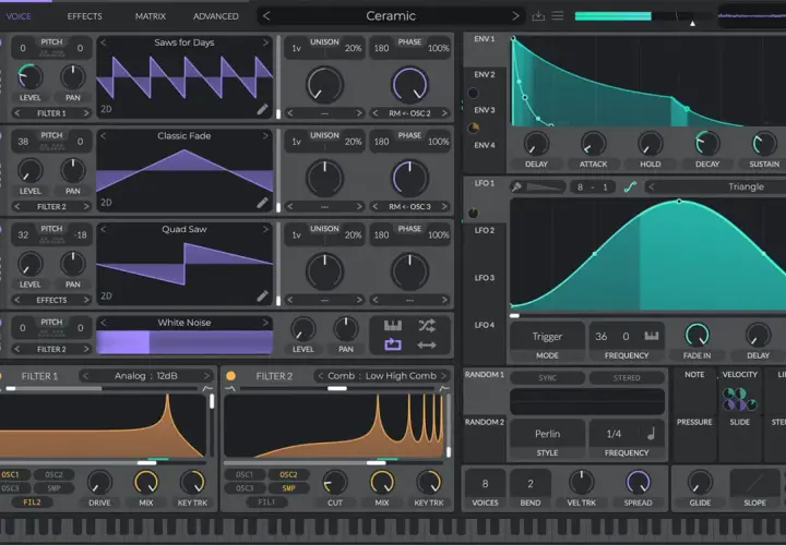 Synthesizer-Interface mit Wellenformen, Reglern und LFOs. Hier gibt es viele Möglichkeiten, um mit den **ableton plugins free** einzigartige Sounds zu kreieren.