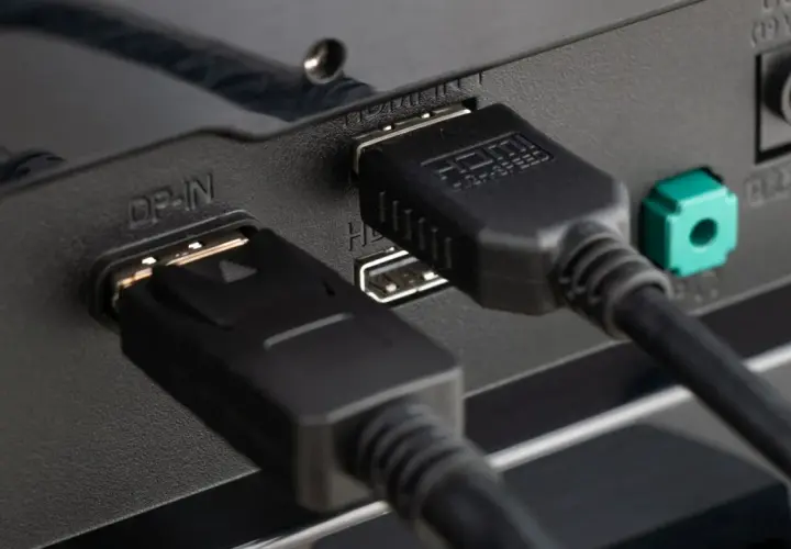 DisplayPort-Kabel und HDMI-Kabel sind angeschlossen. Ja, DisplayPort trägt Audio.