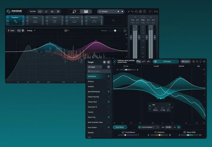 Ozone Tonal Balance Control zeigt Equalizer-Kurven und Frequenzbänder für eine ausgewogene Klanggestaltung.