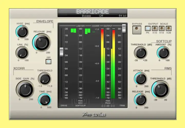 Barricade Limiter VST: Ein digitales Audio-Plugin mit Reglern für Hysteresis, Release, Link, XCorr, Side Gain, Attack und Threshold.