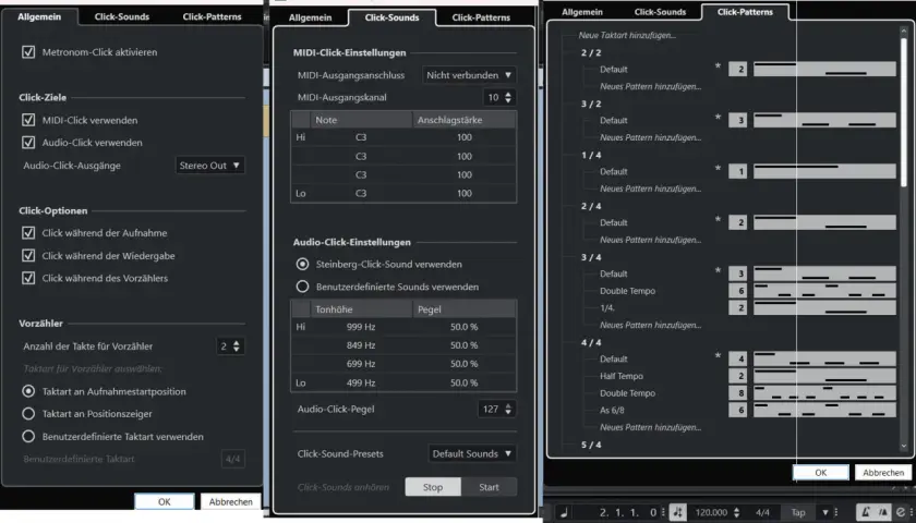 Cubase: Metronom-Einstellungen zeigen, dass kein Ton für den Click eingestellt ist. MIDI- und Audio-Click sind aktiviert, aber die Ausgänge sind nicht verbunden.