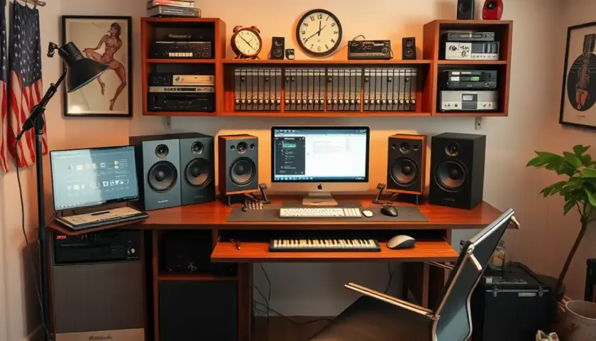 Ein Musikstudio mit Computern, Lautsprechern und einem Keyboard. Hier entstehen Meisterwerke im **aiff format**.