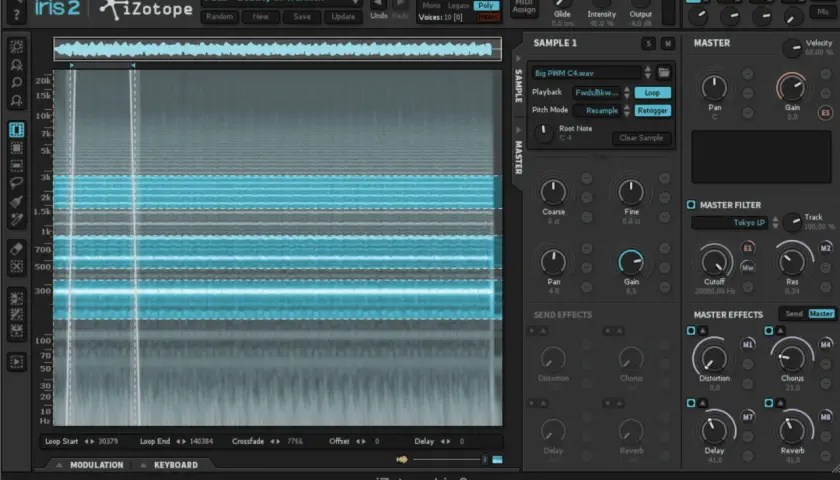 iZotope Iris 2: Wellenform-Analyse mit blauen Frequenzbändern, Sample-Einstellungen und Master-Effekten.