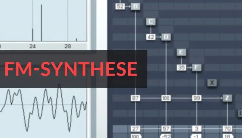 FM-Synthese-Diagramm mit Wellenformen und Noten. Die Frequenzmodulation wird hier visuell dargestellt.