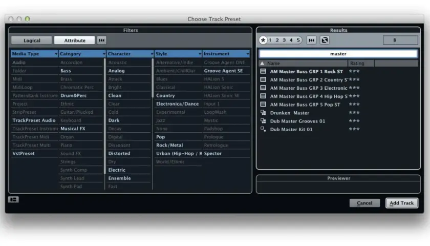 Cubase-Fenster zeigt "Choose Track Preset". Filter für Cubase Audio to MIDI sind sichtbar.
