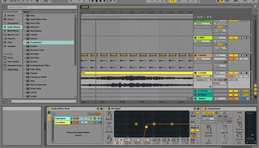 Ableton Live: Kompressor-Einstellungen mit Sidechain-Optionen und EQ-Kurve für den Pad-Sound.