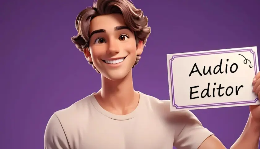 Ein lächelnder Mann hält ein Schild mit der Aufschrift "Audio Editor". Er ist ein kreativer video sound editor.
