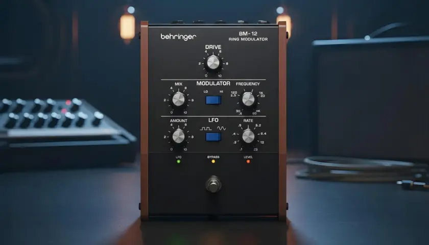 Behringer BM-12 Ring Modulator mit Reglern für Drive, Mix, Frequenz, LFO Amount und Rate.