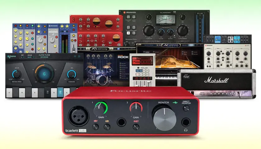 Hitmaker-Expansion: Eine Sammlung von Musikproduktions-Tools, darunter Audio-Interfaces, Plugins und virtuelle Instrumente, für den perfekten Sound.