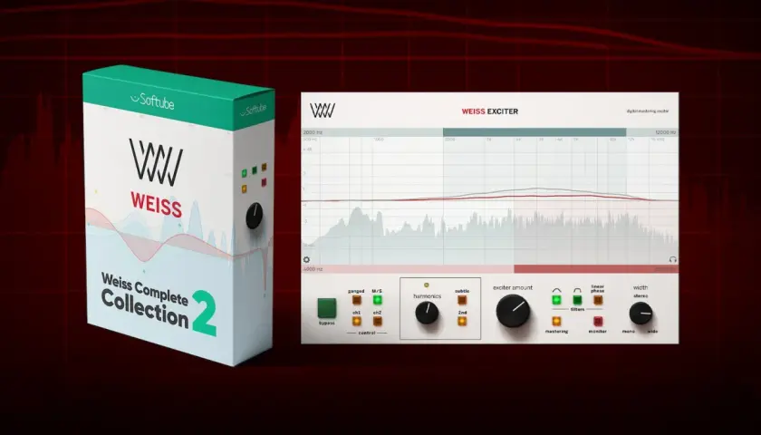 Softube Weiss Exciter Plugin: Ein digitales Mastering-Tool mit Frequenzanalyse und Harmonics-Regler für detailreichen Sound.