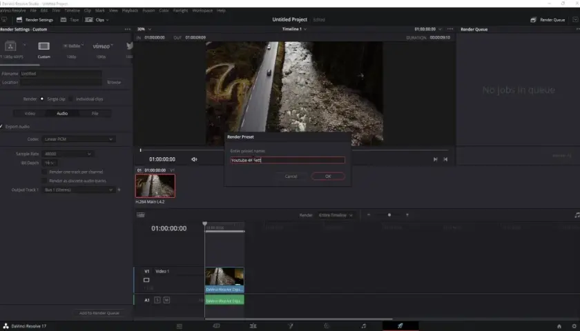 Bearbeitung in DaVinci Resolve: Audio-Codec ist Linear PCM, bereit zum Rendern.