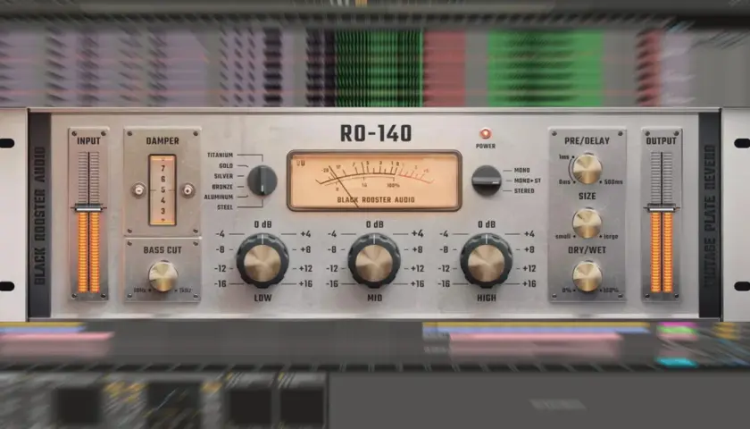 Das RO-140 von Black Rooster Audio, ein Vintage Plate Reverb-Plugin, mit VU-Meter und Reglern für Low, Mid, High.