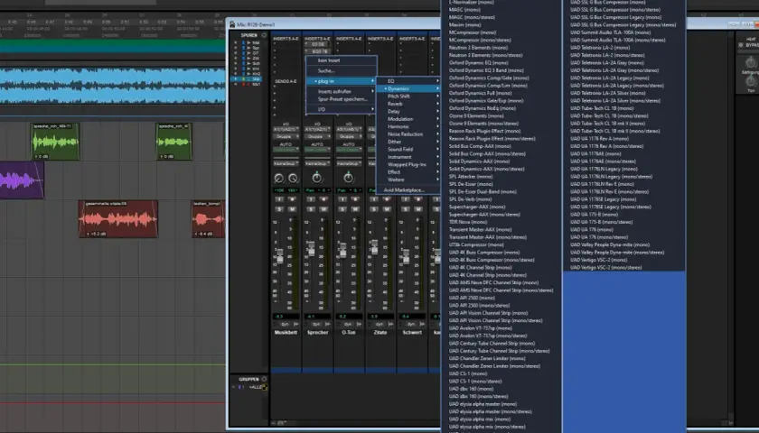 Pro Tools-Fenster mit einer Liste von aax plugin-Optionen, darunter UAD-Effekte und Kompressoren.