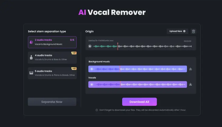 KI-gestützter **acapella extractor** trennt Gesang von Musik. Zeigt Wellenformen für Hintergrundmusik und Gesang.