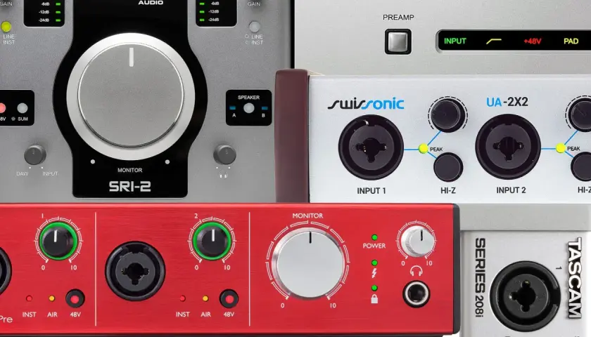 Verschiedene Audio-Interfaces im Detail: Was ist das? Hier siehst du Anschlüsse, Regler und Anzeigen für professionelle Audioaufnahmen.