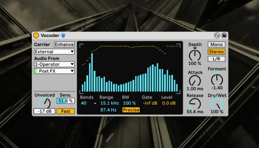 Ableton Vocoder-Interface mit Frequenzbalken und Reglern für Stereo-Effekte.