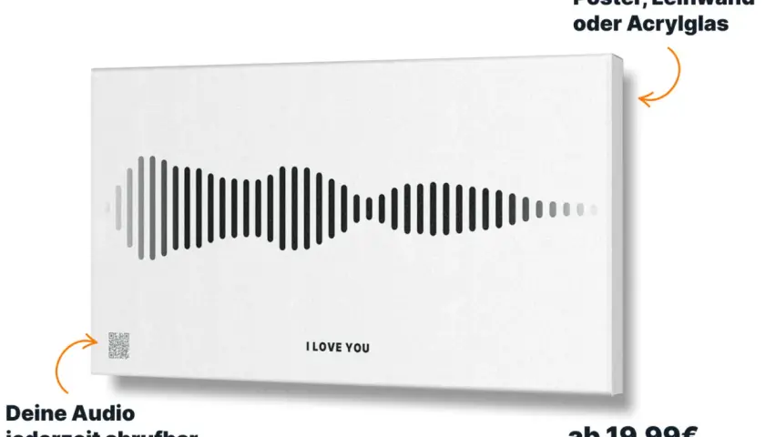 Schallwelle mit "I LOVE YOU" als Motiv. Der schnelle rise time zeigt die Intensität der Aussage. Dein Audio jederzeit abrufbar.