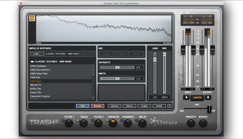 iZotope Trash 2: Ein Audio-Plugin mit Frequenzanalyse, Impulsantworten wie "480p Noise" und Reglern für Mikrofon, Gain und Mix.